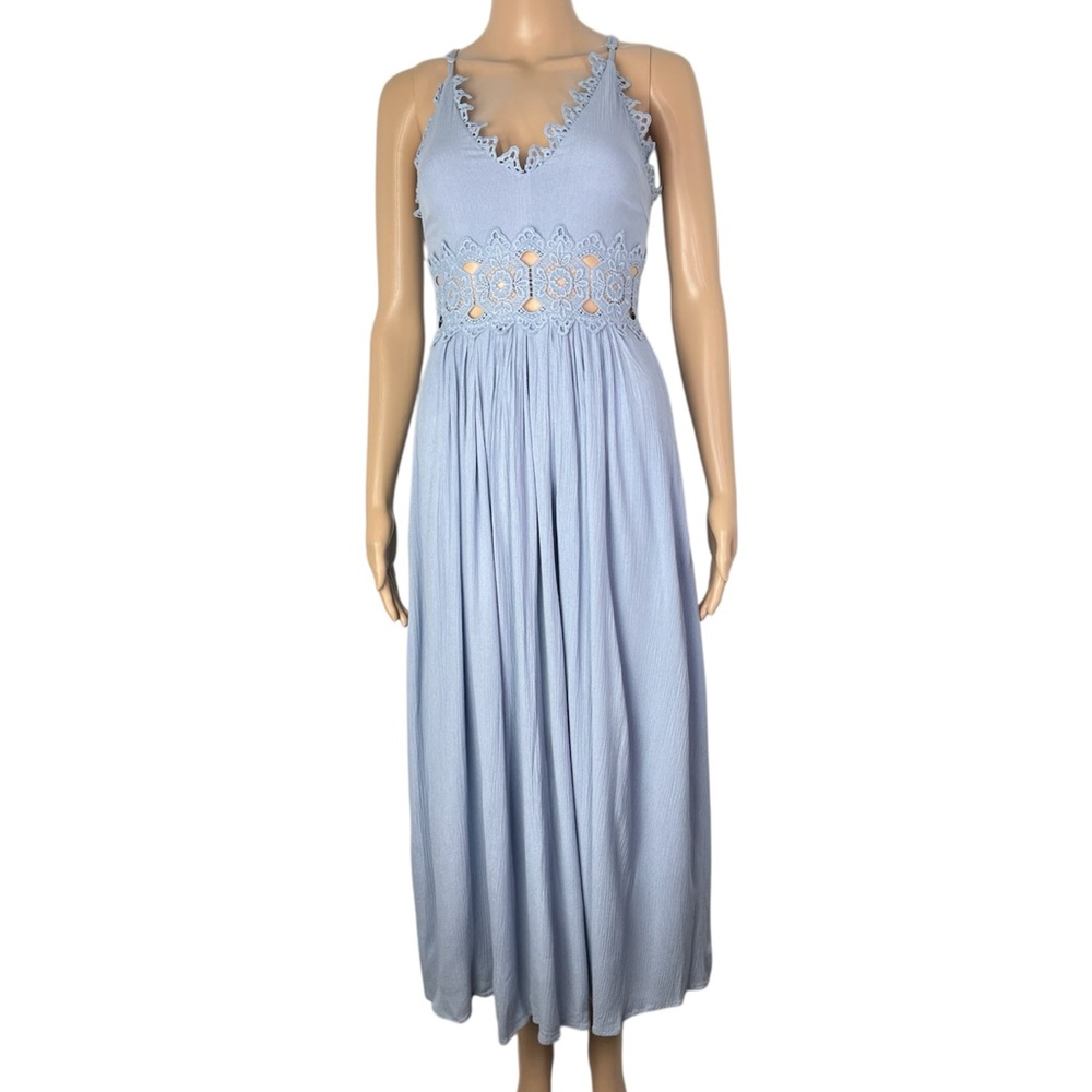 Lulus This is Love Slate Blue Sheer Lace Cutout Gauzy Crochet Maxi Dress